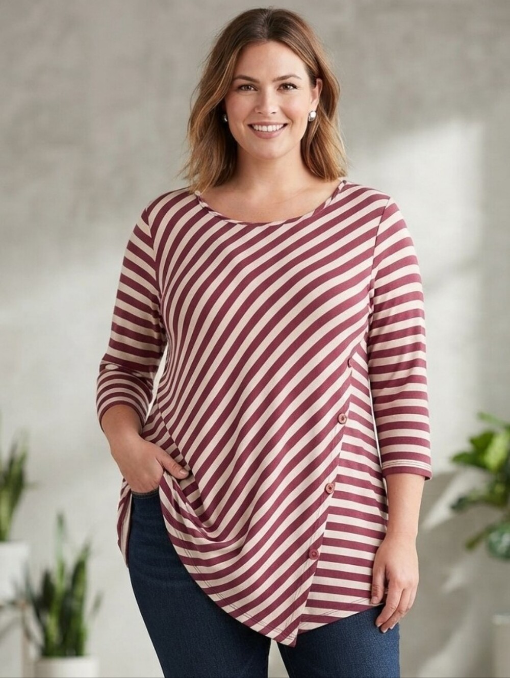 Meri Skye Striped Asymmetrical Button Accent Long Sleeve Tee Plus Size XXL GUC